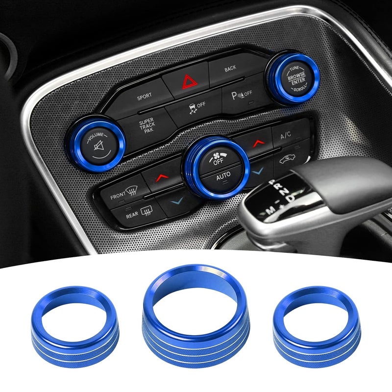 PDKLIN AC Volume Switch Knob Trim Ring Compatible with Dodge Charger 2011+/Challenger 2015+/RAM 2012-2017/Durango 2016-2022/Chrysler 300C 2011+, Aluminum Alloy Interior Accessories 3pcs, Blue - Image 1
